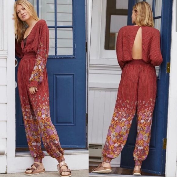 Anthropologie The Breezy Open-Back Jumpsuit Sz Small Bohemian Red Floral Details - Picture 1 of 9